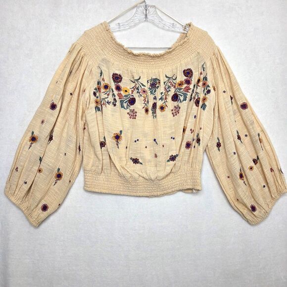 Free People Saachi floral Embroidered off shoulder Boho top blouse Large - Picture 2 of 12